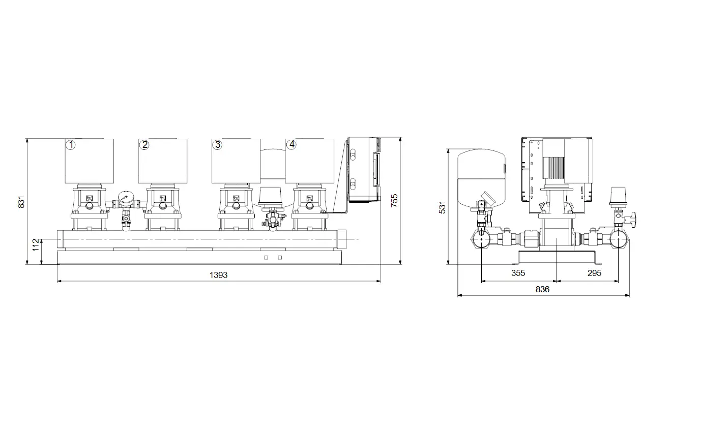 Hydro Multi-E Druckerhöhungsanlage von Grundfos mit vier Pumpen. Seitliche und frontale Ansicht mit technischen Abmessungen und Anschlussdetails.